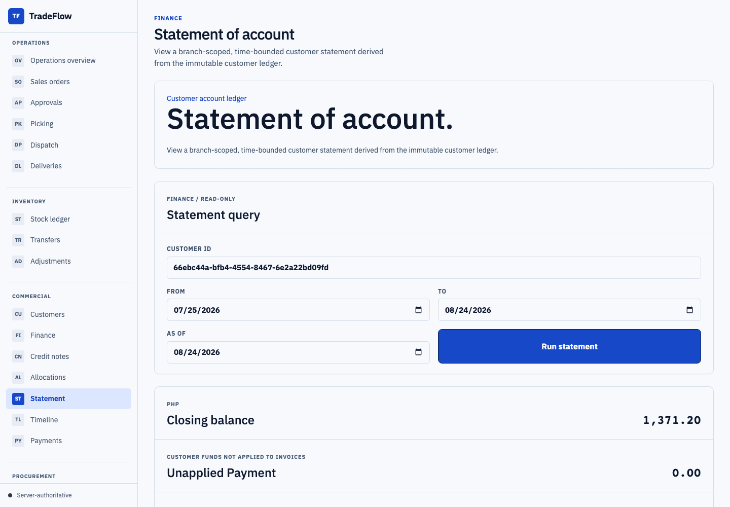 TradeFlow invoice, payment, and statement workspace